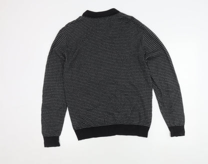 Next Men's Black Geometric Polo, Medium, Cotton, Long Sleeve