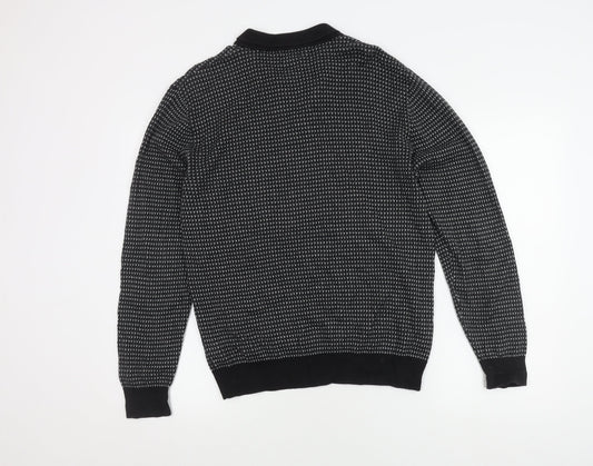 Next Men's Black Geometric Polo, Medium, Cotton, Long Sleeve