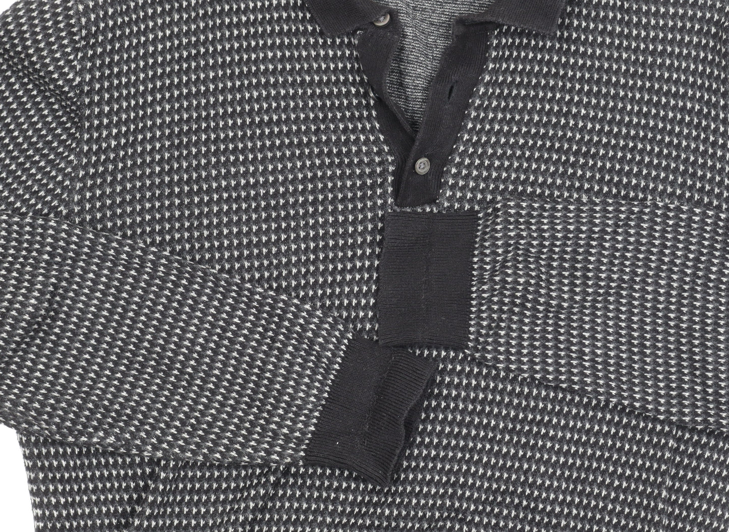 Next Men's Black Geometric Polo, Medium, Cotton, Long Sleeve