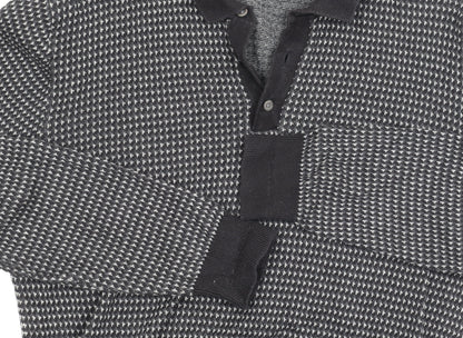 Next Men's Black Geometric Polo, Medium, Cotton, Long Sleeve
