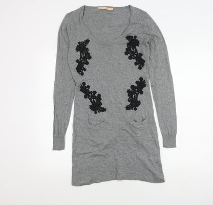 Next Women's Grey Jumper Dress Size 8 with Embroidery