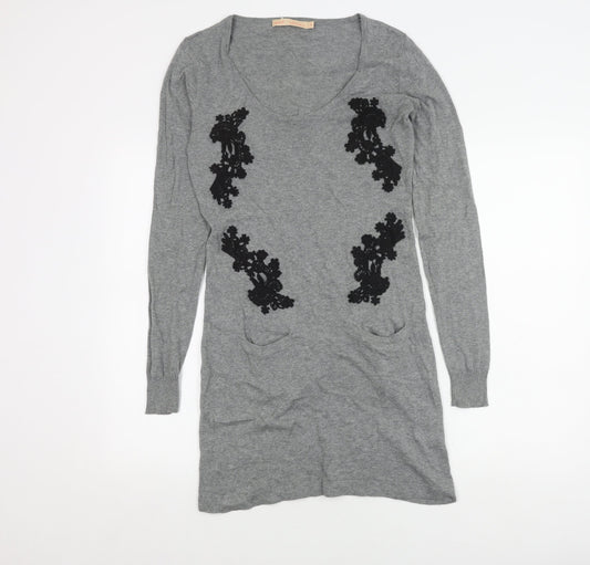 Next Women's Grey Jumper Dress Size 8 with Embroidery