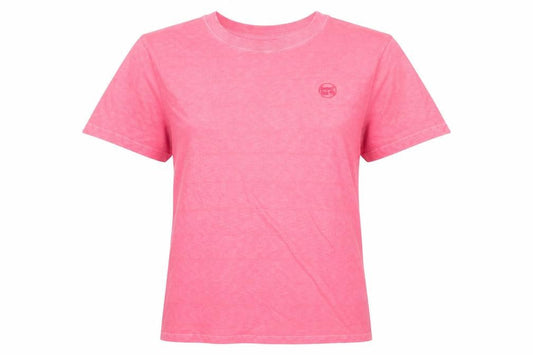 Front view of Superdry unisex pink t-shirt m cotton crew neck casual