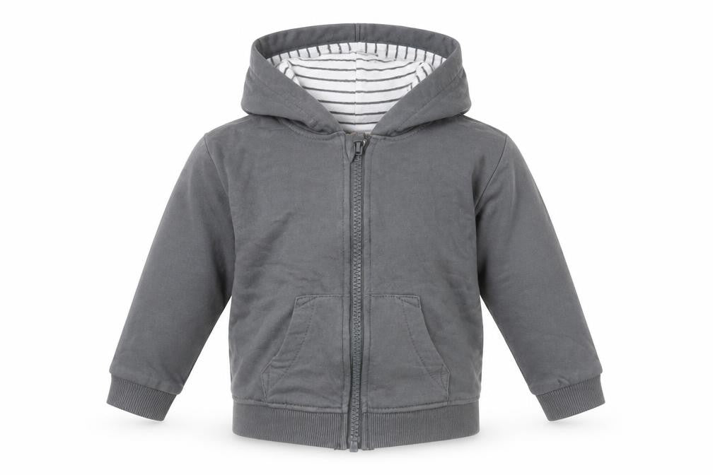 Front view of John Lewis unisex grey hoodie jacket 9-12 months with pockets