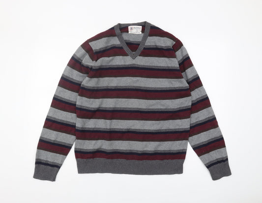 Marks & Spencer Men's Grey Striped V-Neck Jumper, M