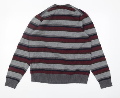 Marks & Spencer Men's Grey Striped V-Neck Jumper, M