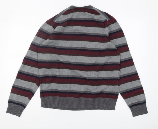 Marks & Spencer Men's Grey Striped V-Neck Jumper, M