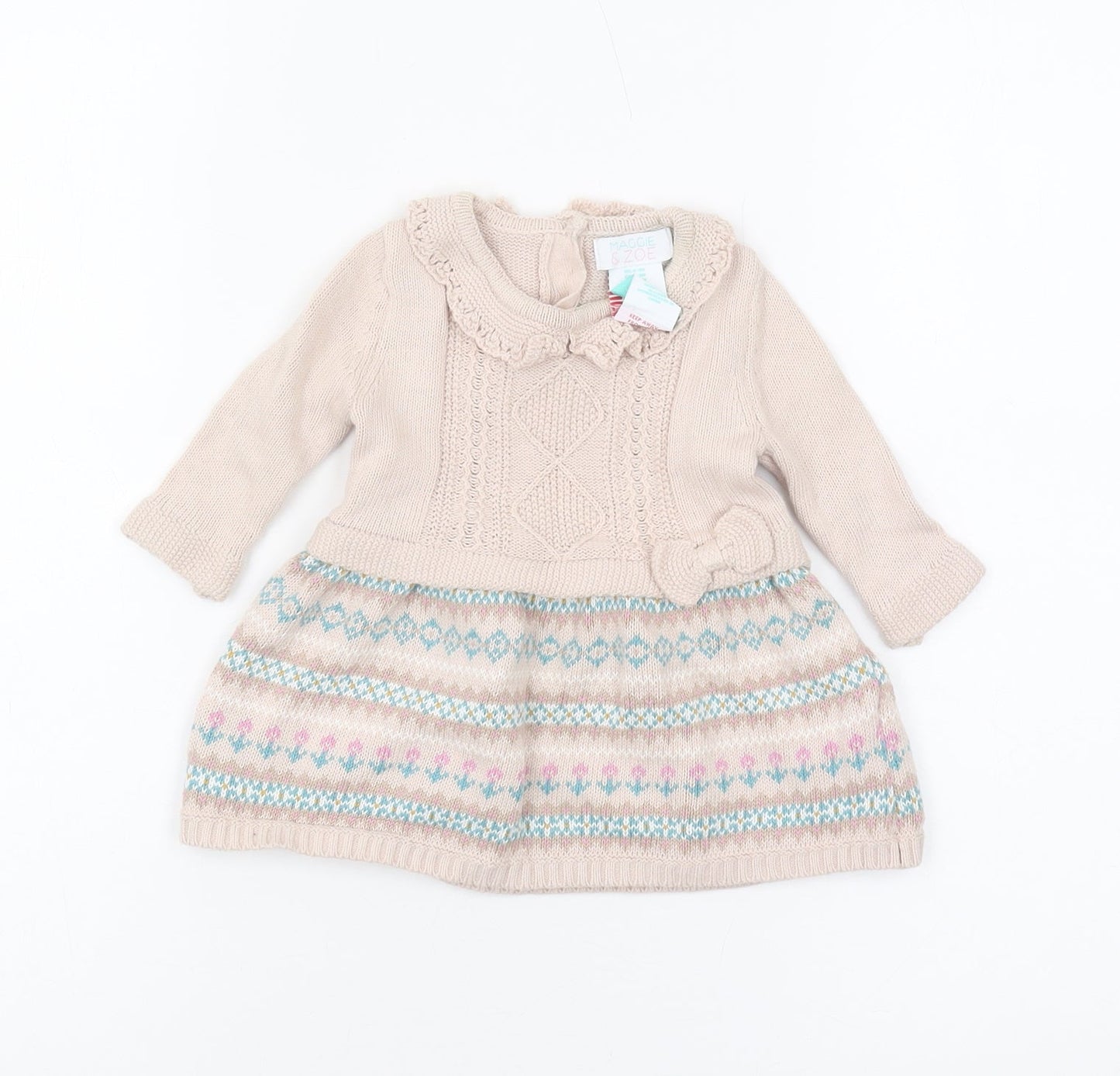 Maggie & Zoe Girls Beige Knit Dress, 0-3 Months with Bow Detail
