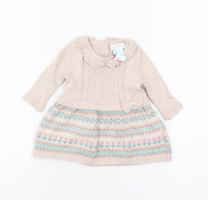 Maggie & Zoe Girls Beige Knit Dress, 0-3 Months with Bow Detail