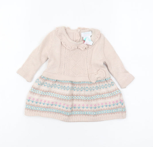 Maggie & Zoe Girls Beige Knit Dress, 0-3 Months with Bow Detail