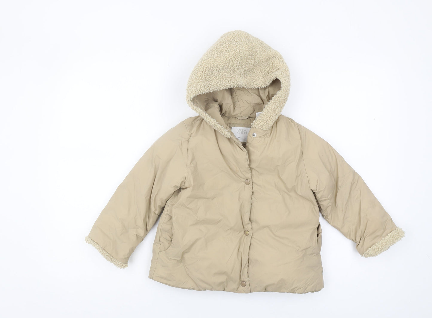 Zara Girls Beige Puffer Jacket 3-4 Years Hooded Snap Closure