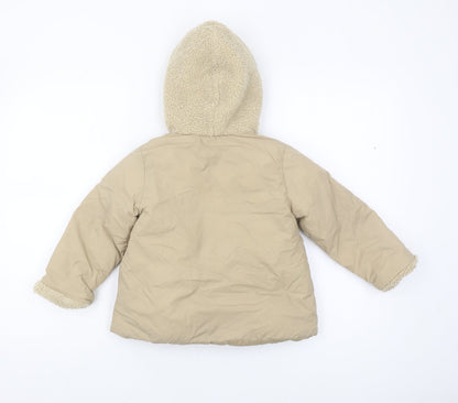 Zara Girls Beige Puffer Jacket 3-4 Years Hooded Snap Closure