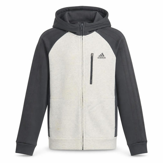 Front view of Adidas boys’ full zip hoodie, black grey, 9-10 years