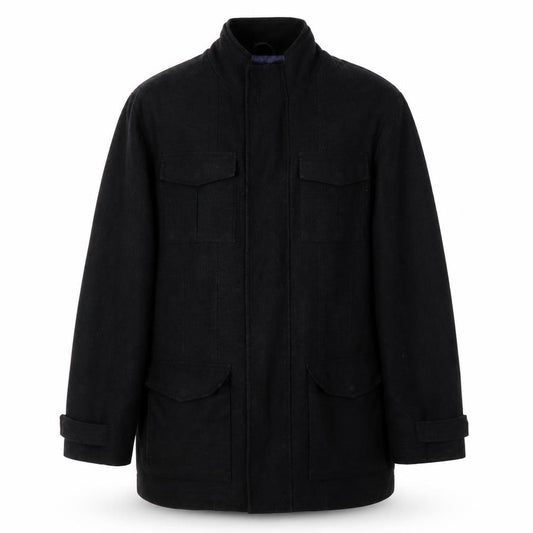 Front view of Thomas Nash Men's Black Coat, Stand-Up Collar, M