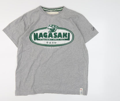 Men's Grey Cotton Graphic T-Shirt, Size L, Casual