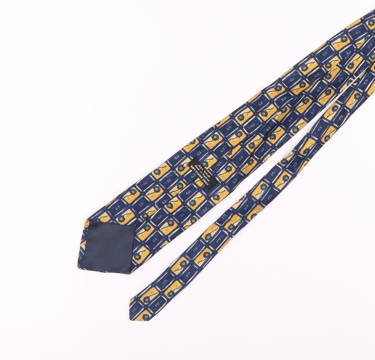Men's All Silk Geometric Tie in Blue and Gold, Made in England