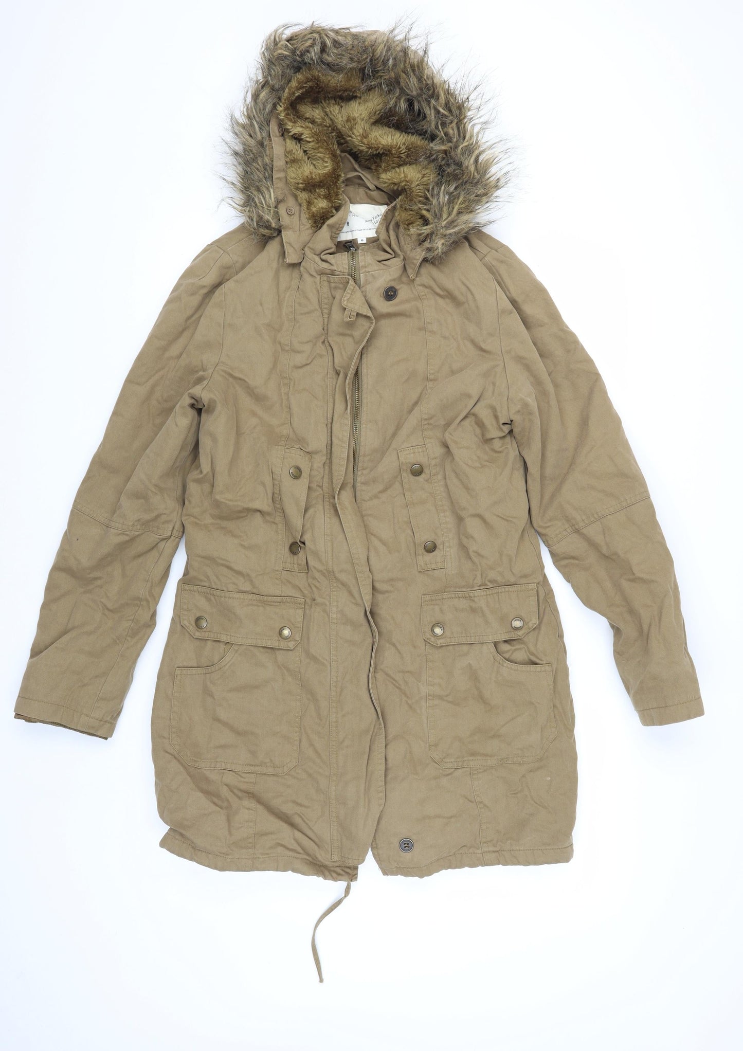 Linea Women's Brown Parka Jacket with Fur Trim, Size 8