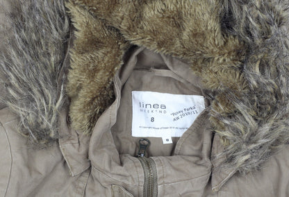 Linea Women's Brown Parka Jacket with Fur Trim, Size 8