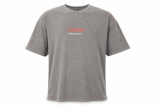Front view of boohooMAN Grey Graphic Print Men's T-Shirt (L) Crew Neck