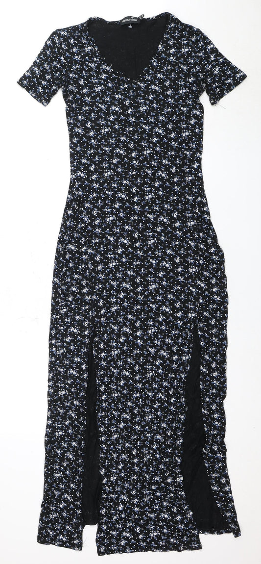 PRETTYLITTLETHING Women's Black Floral Long Dress Size 10