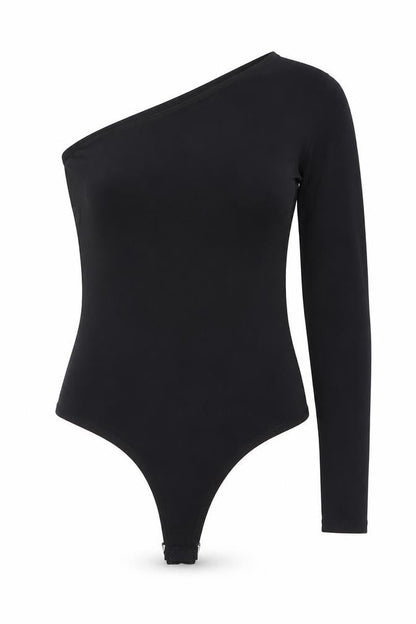 Front view of Threadbare Black Bodysuit, size 10, One Shoulder, Long Sleeve