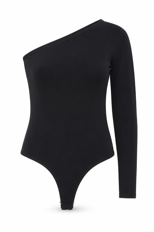 Front view of Threadbare Black Bodysuit, size 10, One Shoulder, Long Sleeve