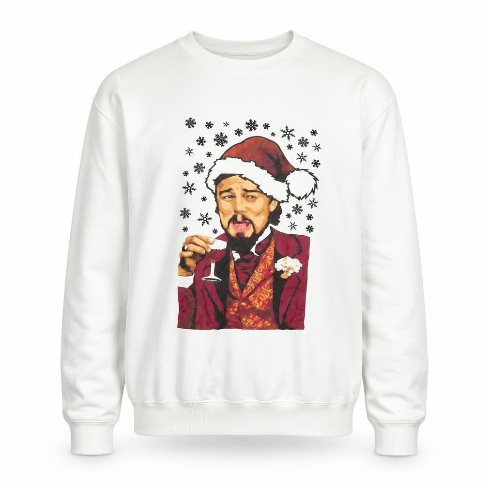 Front view of Just Hoods unisex white christmas sweatshirt l