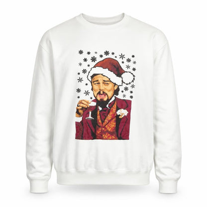 Front view of Just Hoods unisex white christmas sweatshirt l