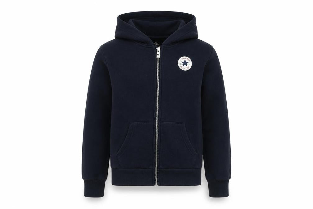 Front view of Converse boys’ black hooded jacket, size 10-12, full zip, casual