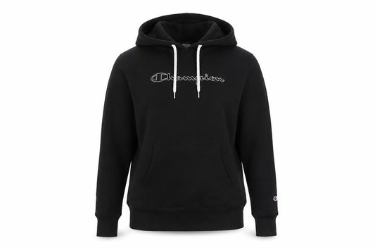 Front view of Champion unisex black pullover hoodie, size L