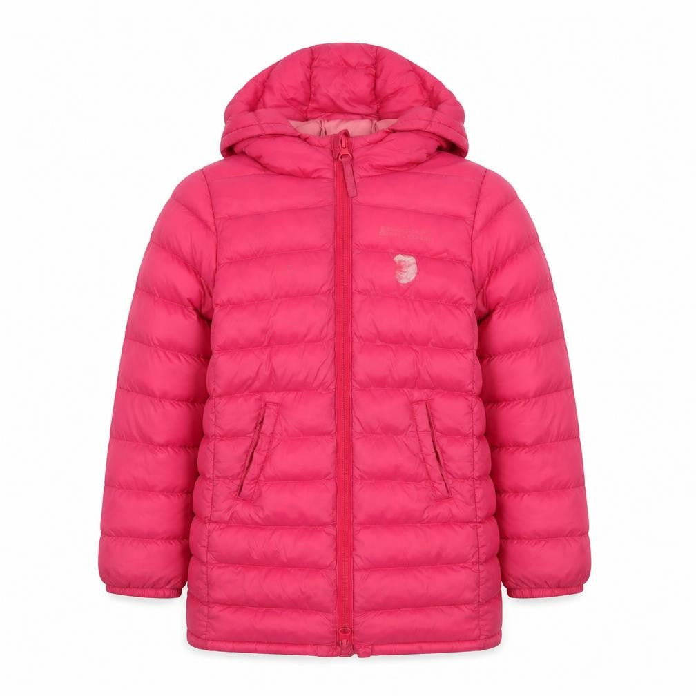 Front view of Mountain Warehouse Pink girls’ puffer jacket, size 3-4, years