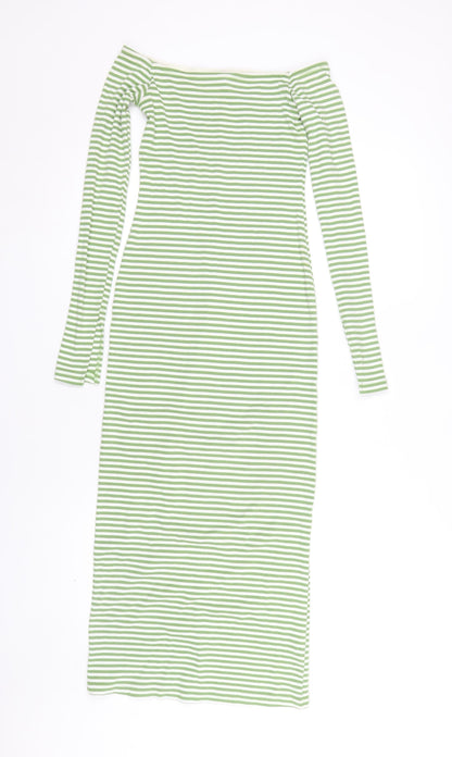 Monki Women's Green Striped Off Shoulder Dress XS
