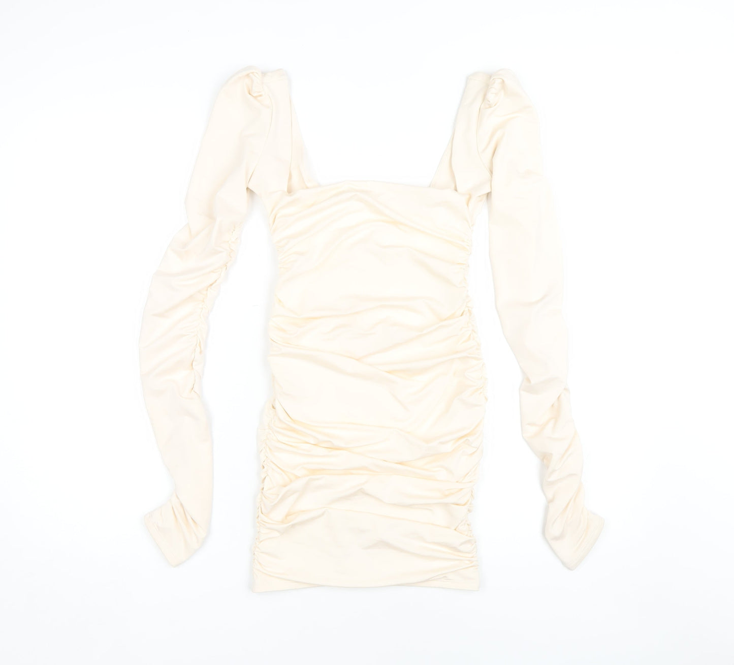 Oh Polly Women’s Ivory Ruched Long Sleeve Dress