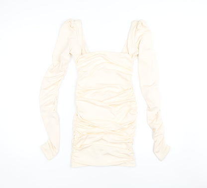 Oh Polly Women’s Ivory Ruched Long Sleeve Dress