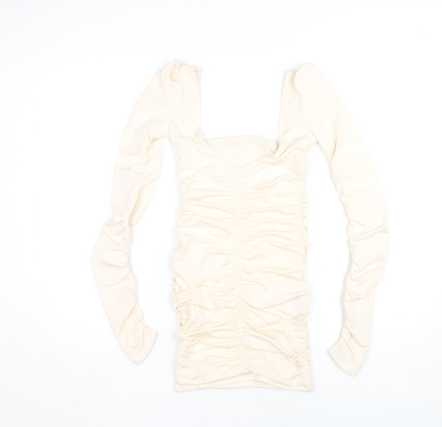 Oh Polly Women’s Ivory Ruched Long Sleeve Dress