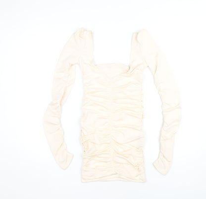 Oh Polly Women’s Ivory Ruched Long Sleeve Dress