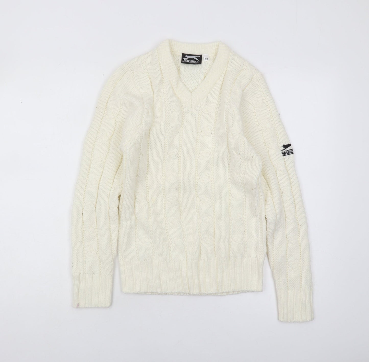 Slazenger Boys Ivory Cable-Knit Jumper Pullover V-Neck 11-12 Years