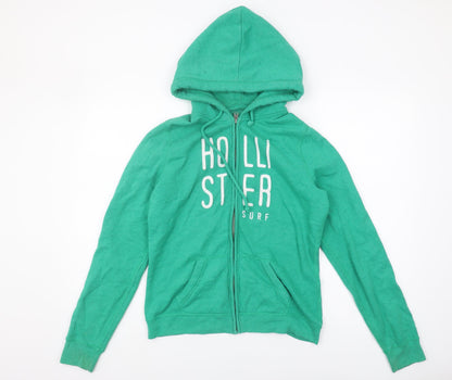 Hollister Green Unisex Full Zip Hoodie L, Casual, Logo