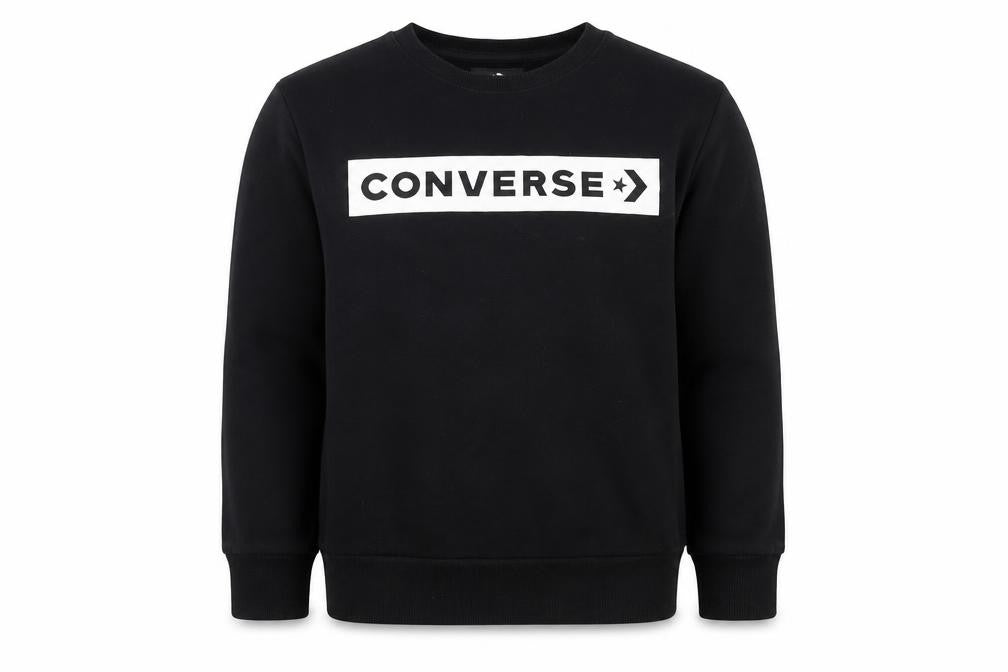 Front view of Converse boys’ black sweatshirt, size M, crew neck