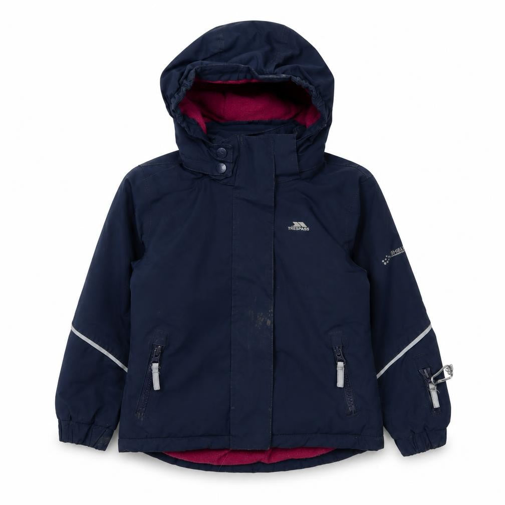 Front view of Trespass girls’ blue rain coat jacket, 2-3 years, waterproof