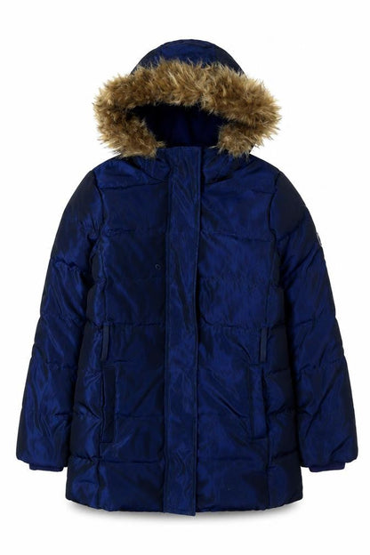 Front view of Gap girls’ blue puffer jacket 11 years winter hooded