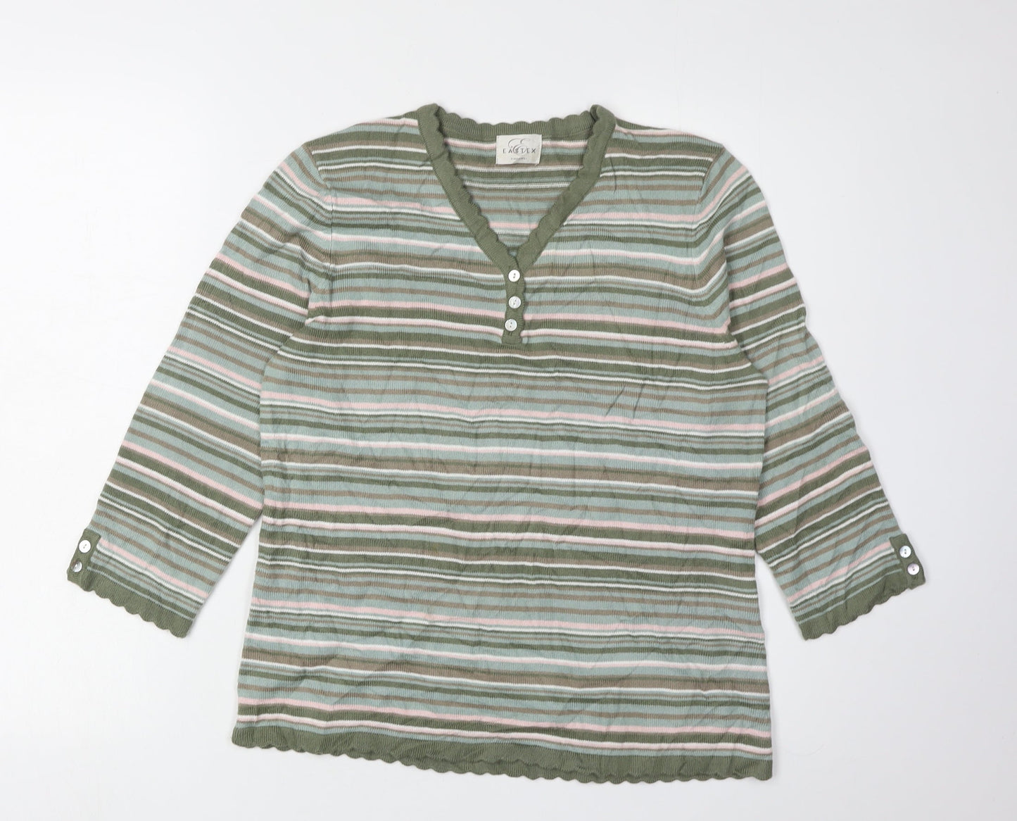 Eastex Women's Green Striped Henley Jumper Size 10