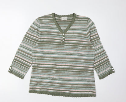 Eastex Women's Green Striped Henley Jumper Size 10