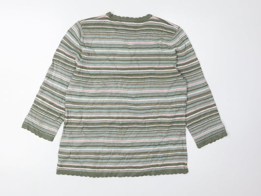 Eastex Women's Green Striped Henley Jumper Size 10