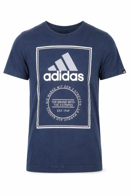 Front view of Adidas Blue Men's T-Shirt, size S, Logo, Casual Sport Wear
