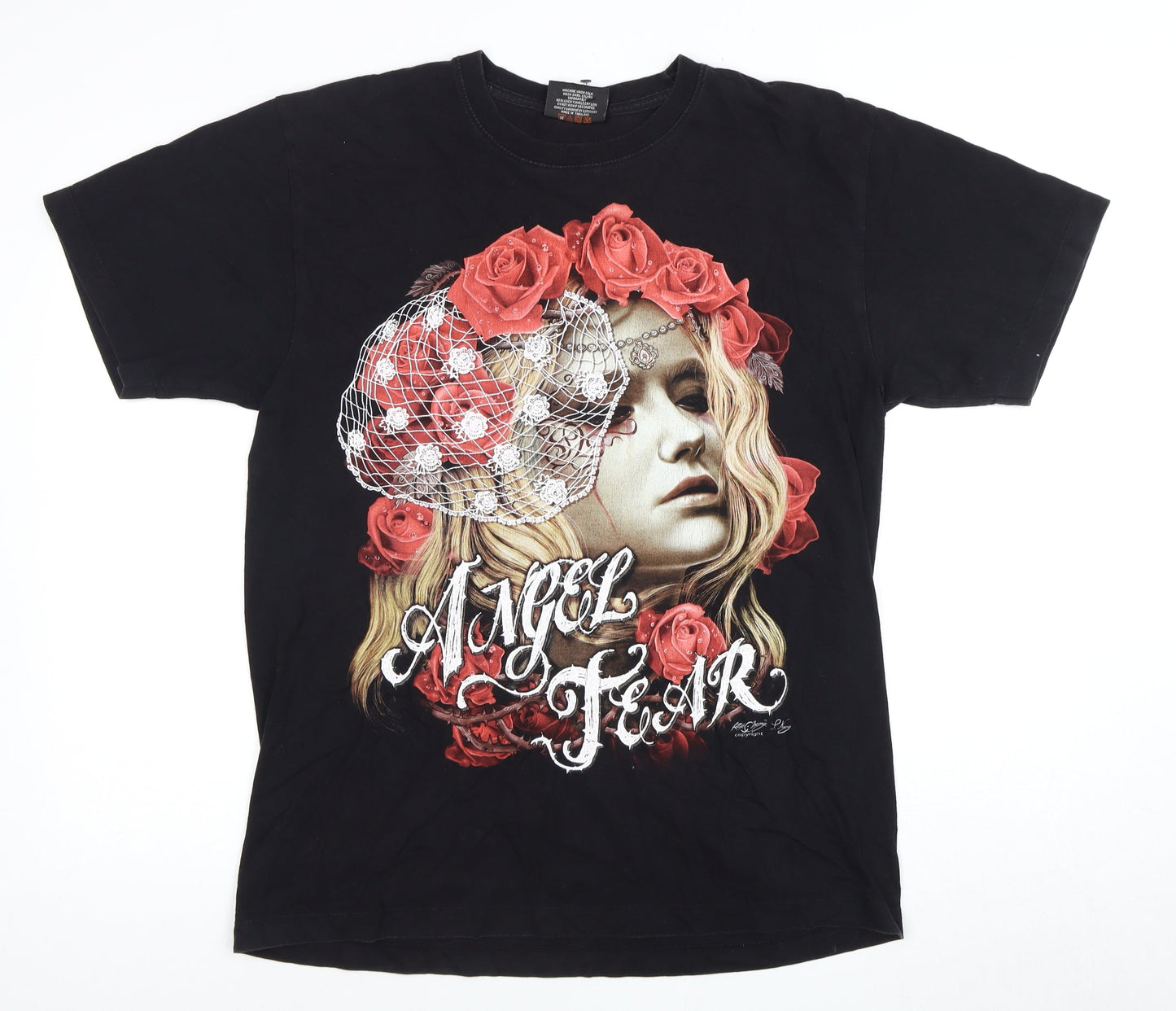 Men’s Black L T-Shirt - Angel Art Graphic Short Sleeve