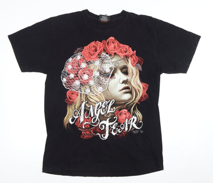 Men’s Black L T-Shirt - Angel Art Graphic Short Sleeve