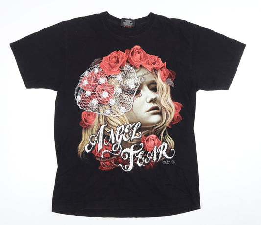 Men’s Black L T-Shirt - Angel Art Graphic Short Sleeve
