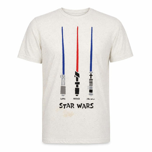 Front view of Star Wars Beige XL Jersey T-Shirt with Lightsaber Print
