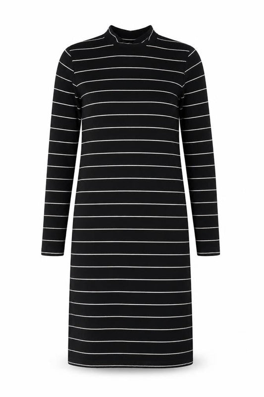 Front view of Jacqueline de Yong Women’s Black Striped Shift Dress S